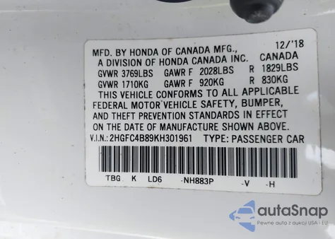 2019 Honda Civic Sport from USA, damaged, VIN 2HGFC4B89KH301961